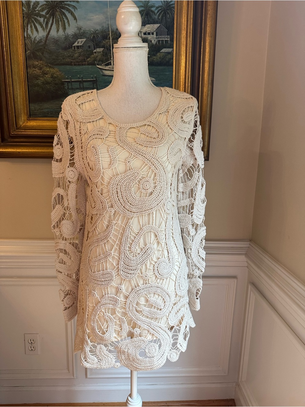 COMMENSE Cream Ecru Crochet Long Sleeve Mini Dress NWT - Picture 3 of 11